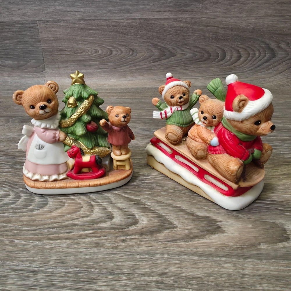 Vintage Homco Christmas Tree Bears Sledding on a Toboggan Porcelain Figurine